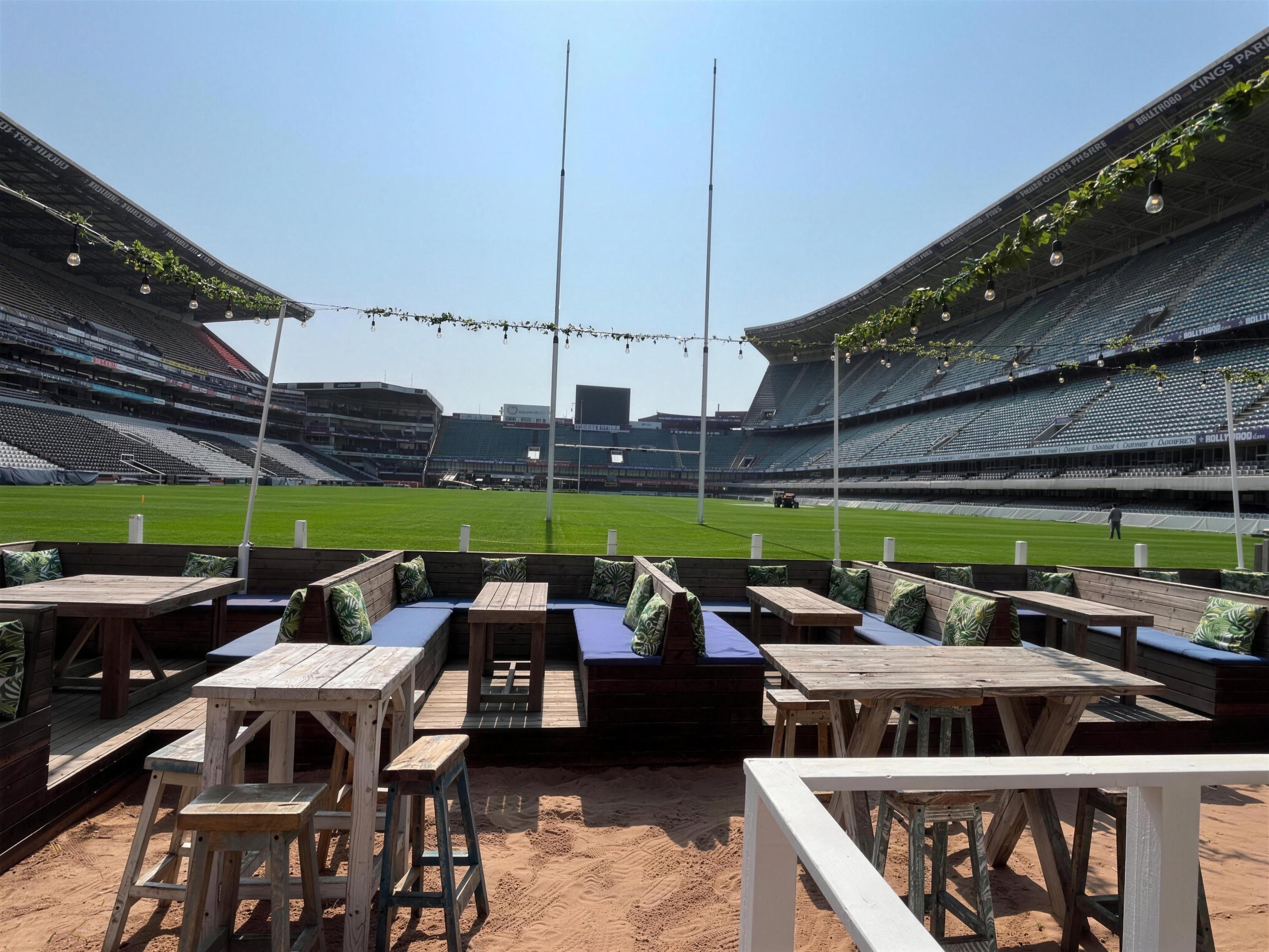 The Kingston Beach Club deck and pool at pitch level inside Hollywoodbets Kings Park Stadium